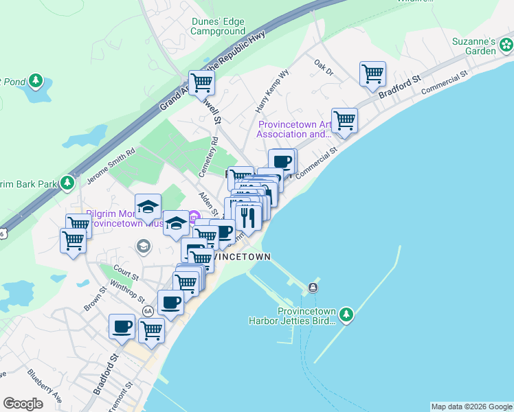 map of restaurants, bars, coffee shops, grocery stores, and more near 350A Commercial Street in Provincetown