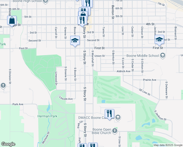 map of restaurants, bars, coffee shops, grocery stores, and more near 421 South Marshall Street in Boone