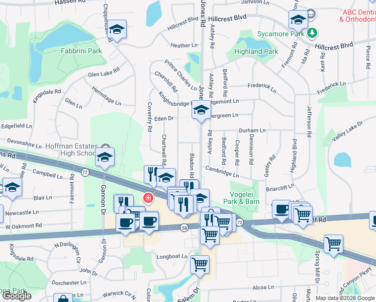 map of restaurants, bars, coffee shops, grocery stores, and more near 824 Downing Drive in Schaumburg