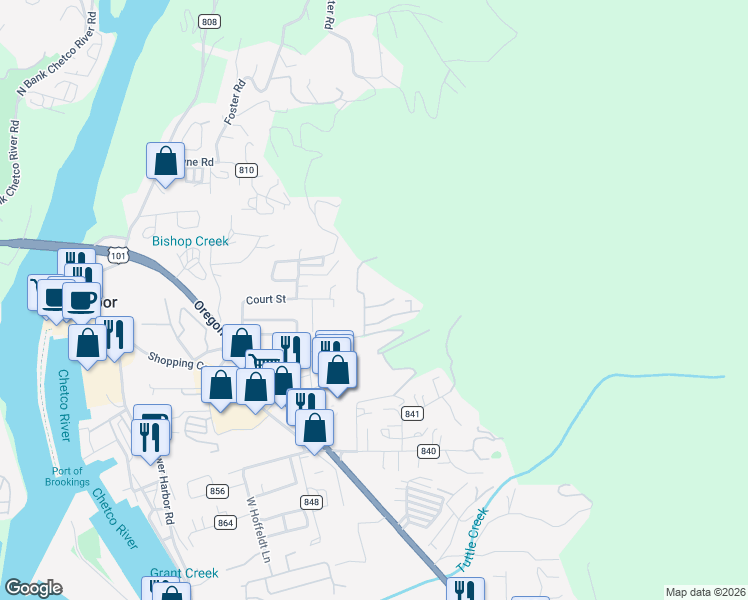 map of restaurants, bars, coffee shops, grocery stores, and more near Summit Drive in Brookings