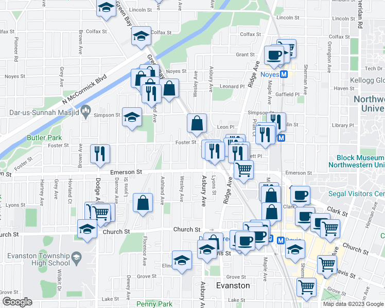 map of restaurants, bars, coffee shops, grocery stores, and more near 2000 Wesley Avenue in Evanston