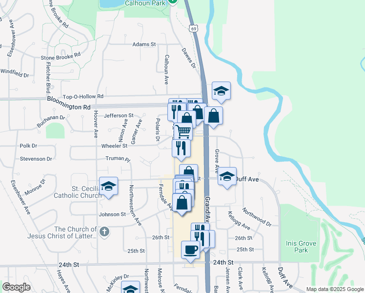 map of restaurants, bars, coffee shops, grocery stores, and more near 3121 Grand Avenue in Ames
