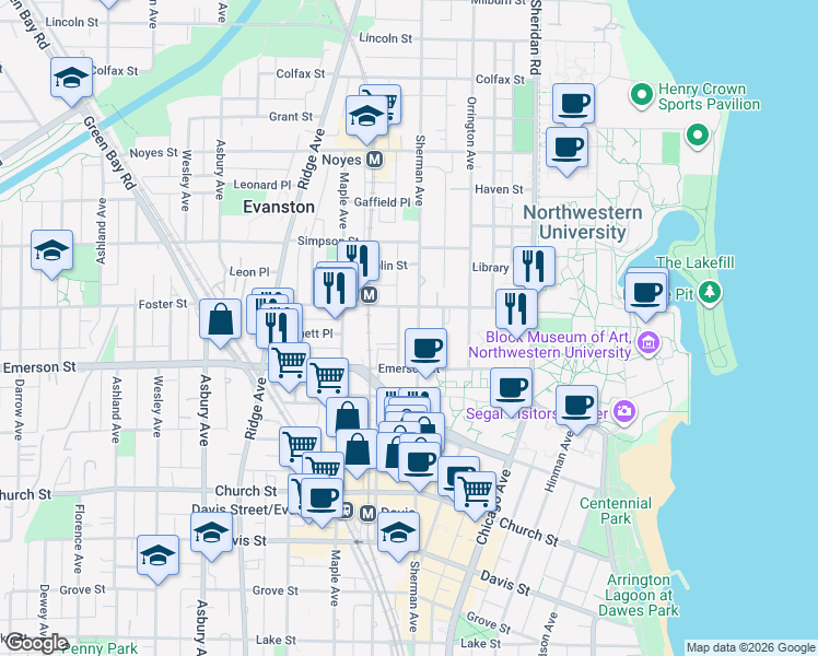 map of restaurants, bars, coffee shops, grocery stores, and more near 811 Foster Street in Evanston