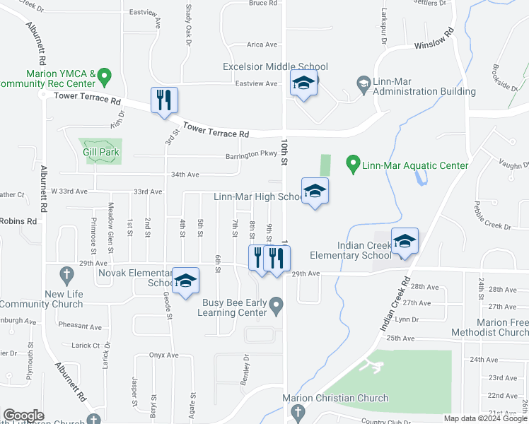 map of restaurants, bars, coffee shops, grocery stores, and more near 3190 9th Street in Marion