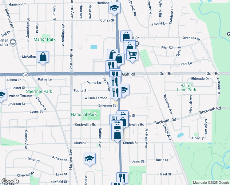 map of restaurants, bars, coffee shops, grocery stores, and more near in Morton Grove