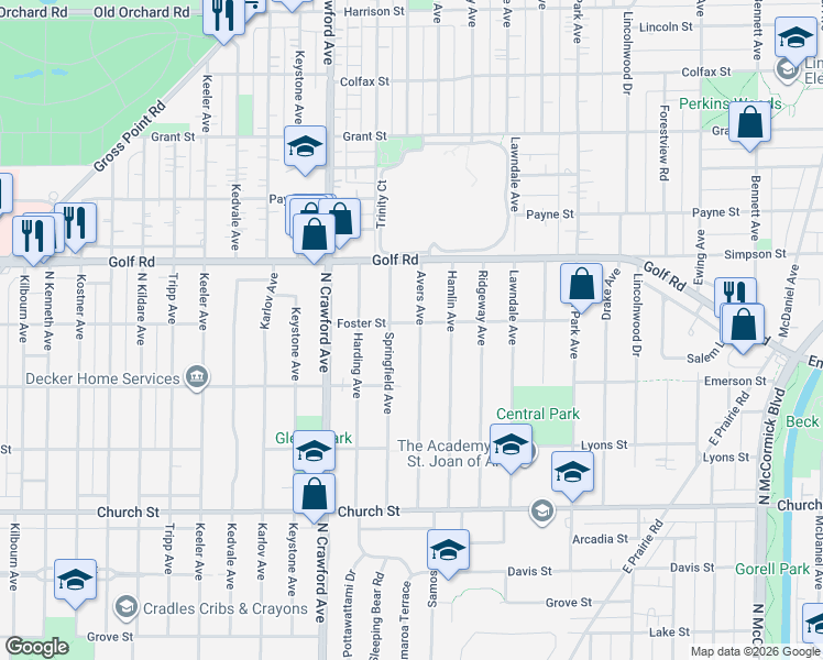 map of restaurants, bars, coffee shops, grocery stores, and more near 9517 Springfield Avenue in Evanston