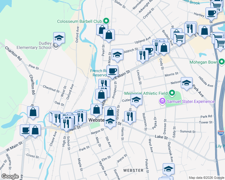 map of restaurants, bars, coffee shops, grocery stores, and more near 41 Prospect Street in Webster