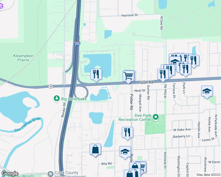 map of restaurants, bars, coffee shops, grocery stores, and more near 9601 West Golf Road in Des Plaines