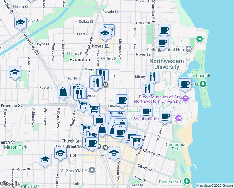 map of restaurants, bars, coffee shops, grocery stores, and more near 811 Foster Street in Evanston