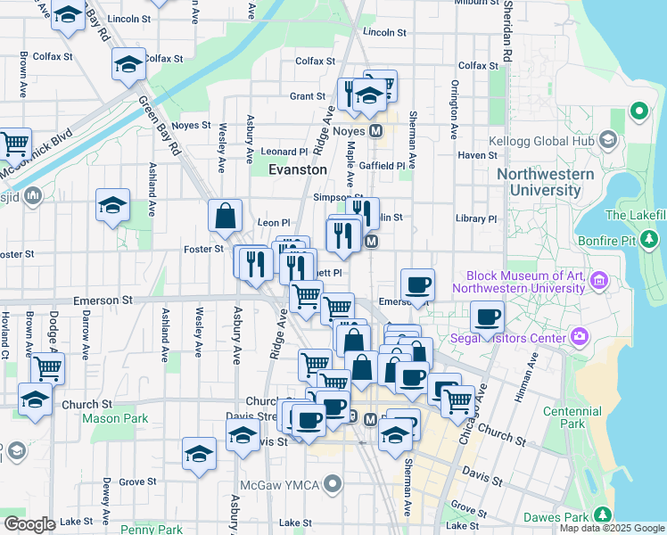 map of restaurants, bars, coffee shops, grocery stores, and more near 2001 Pratt Court in Evanston