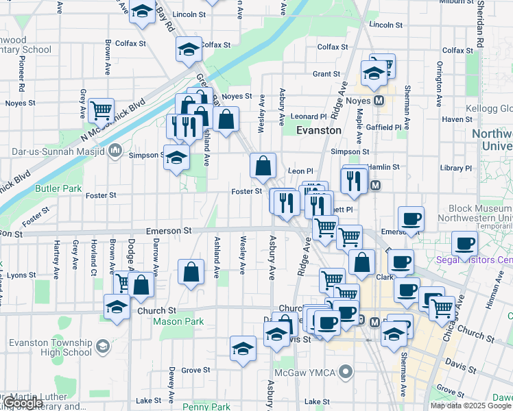 map of restaurants, bars, coffee shops, grocery stores, and more near 2000 Wesley Avenue in Evanston