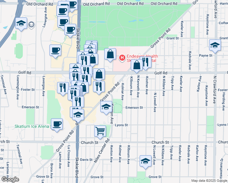 map of restaurants, bars, coffee shops, grocery stores, and more near 4607 Golf Road in Skokie