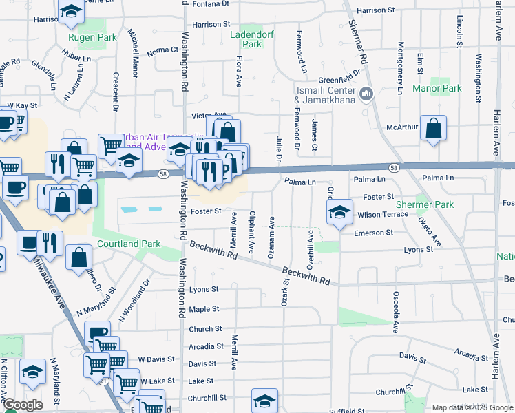 map of restaurants, bars, coffee shops, grocery stores, and more near 9514 Ozanam Avenue in Morton Grove