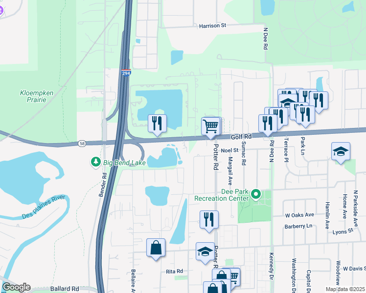 map of restaurants, bars, coffee shops, grocery stores, and more near 9599 West Golf Road in Des Plaines