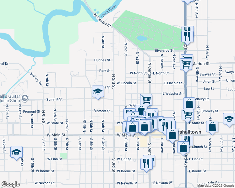 map of restaurants, bars, coffee shops, grocery stores, and more near 317 North 3rd Street in Marshalltown