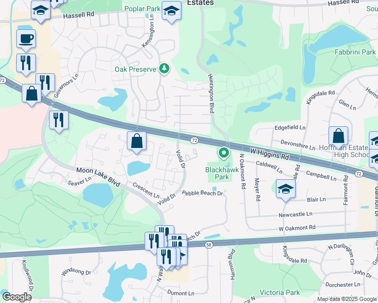 map of restaurants, bars, coffee shops, grocery stores, and more near 1500 Robin Circle in Hoffman Estates