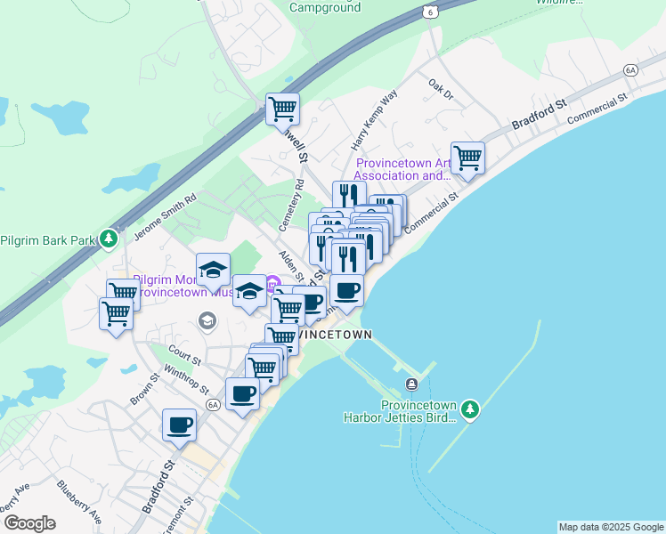 map of restaurants, bars, coffee shops, grocery stores, and more near in Provincetown