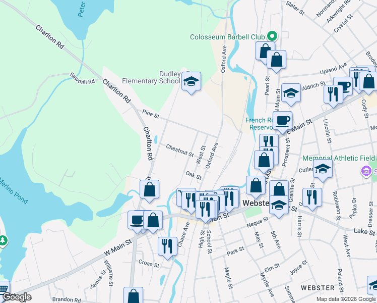 map of restaurants, bars, coffee shops, grocery stores, and more near 29 Green Street in Dudley