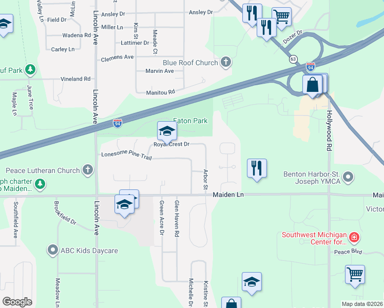 map of restaurants, bars, coffee shops, grocery stores, and more near 592 Royal Crest Drive in St. Joseph