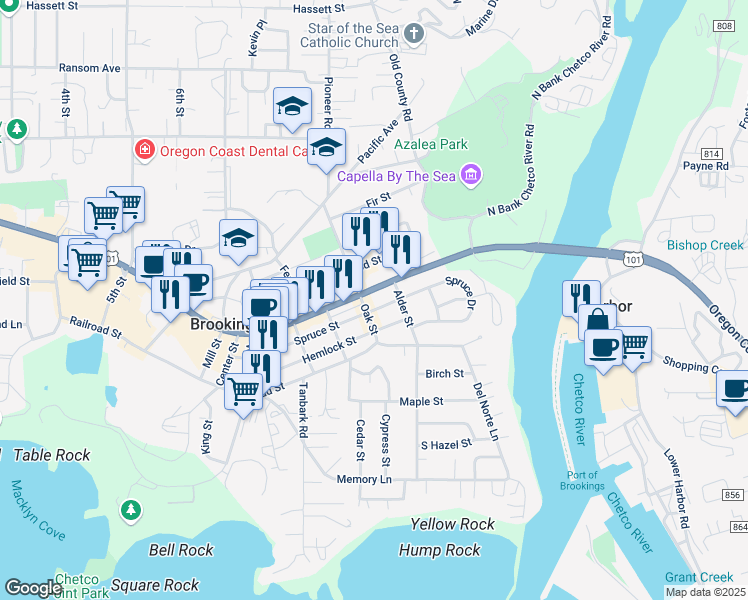 map of restaurants, bars, coffee shops, grocery stores, and more near 446 Oak Street in Brookings