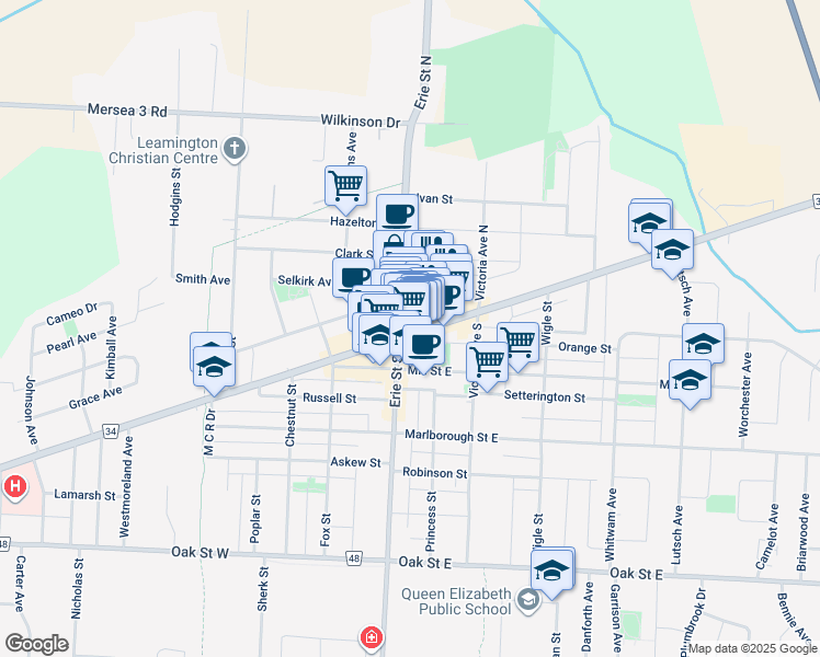 map of restaurants, bars, coffee shops, grocery stores, and more near 21 County Road 34 in Essex