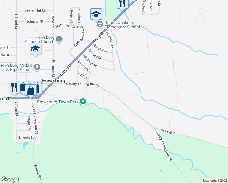 map of restaurants, bars, coffee shops, grocery stores, and more near 95 Frew Run Street in Frewsburg