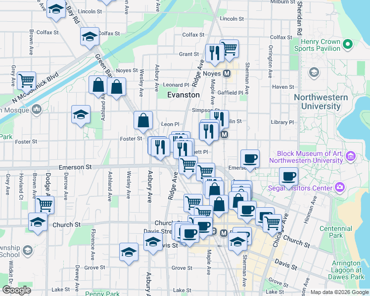 map of restaurants, bars, coffee shops, grocery stores, and more near in Evanston