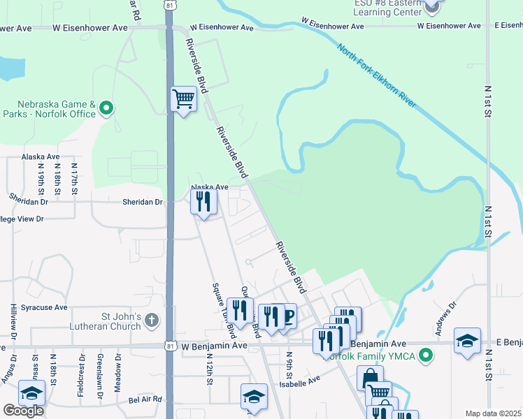 map of restaurants, bars, coffee shops, grocery stores, and more near 1001 Milan Drive in Norfolk