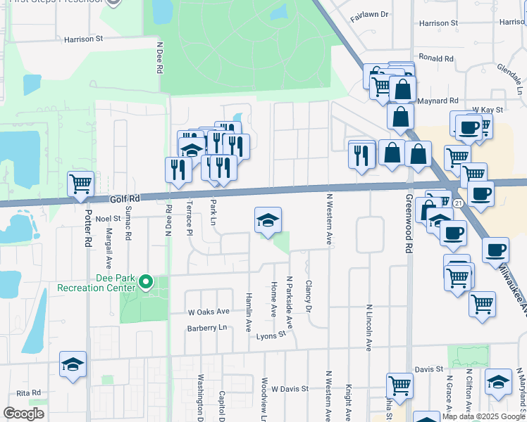 map of restaurants, bars, coffee shops, grocery stores, and more near 8941 West Golf Road in Niles