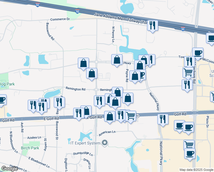 map of restaurants, bars, coffee shops, grocery stores, and more near 1401 Plum Grove Road in Schaumburg