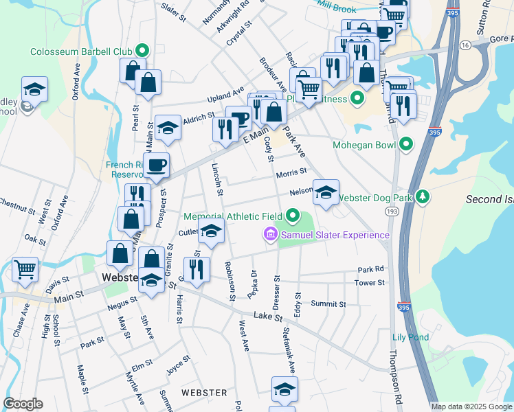 map of restaurants, bars, coffee shops, grocery stores, and more near 19 Nelson Street in Webster