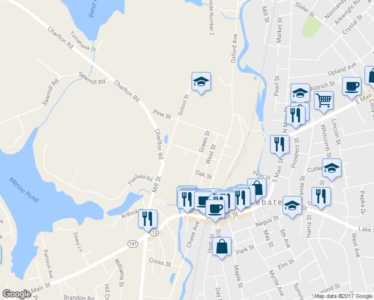 map of restaurants, bars, coffee shops, grocery stores, and more near 17 Wysocki Drive in Dudley