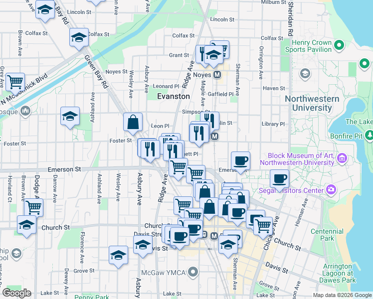 map of restaurants, bars, coffee shops, grocery stores, and more near 2001 Pratt Court in Evanston