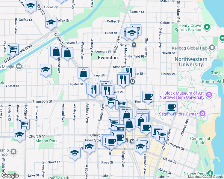 map of restaurants, bars, coffee shops, grocery stores, and more near in Evanston