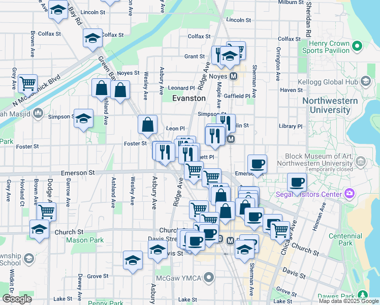 map of restaurants, bars, coffee shops, grocery stores, and more near in Evanston