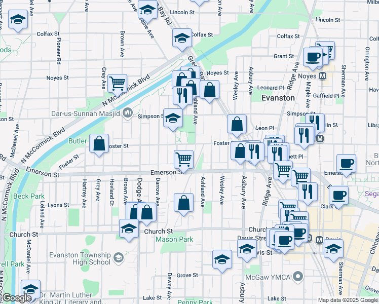 map of restaurants, bars, coffee shops, grocery stores, and more near 1610 Foster Street in Evanston