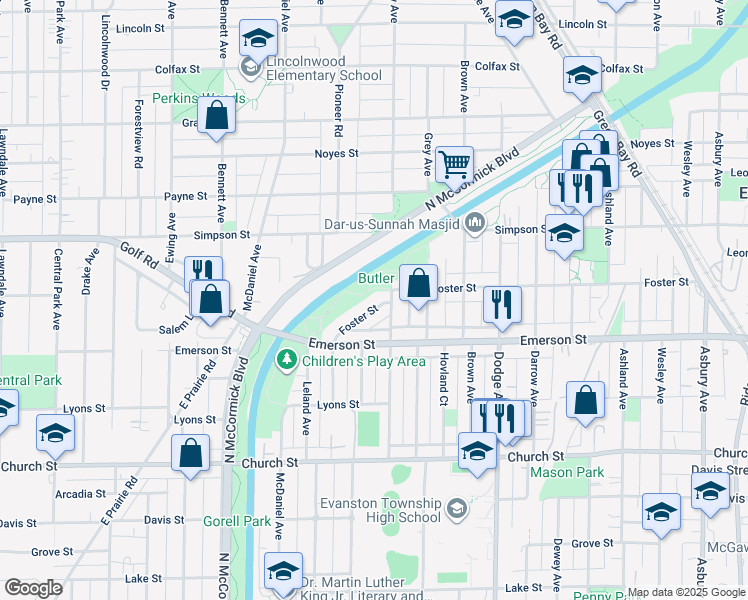map of restaurants, bars, coffee shops, grocery stores, and more near 2315 Foster Street in Evanston
