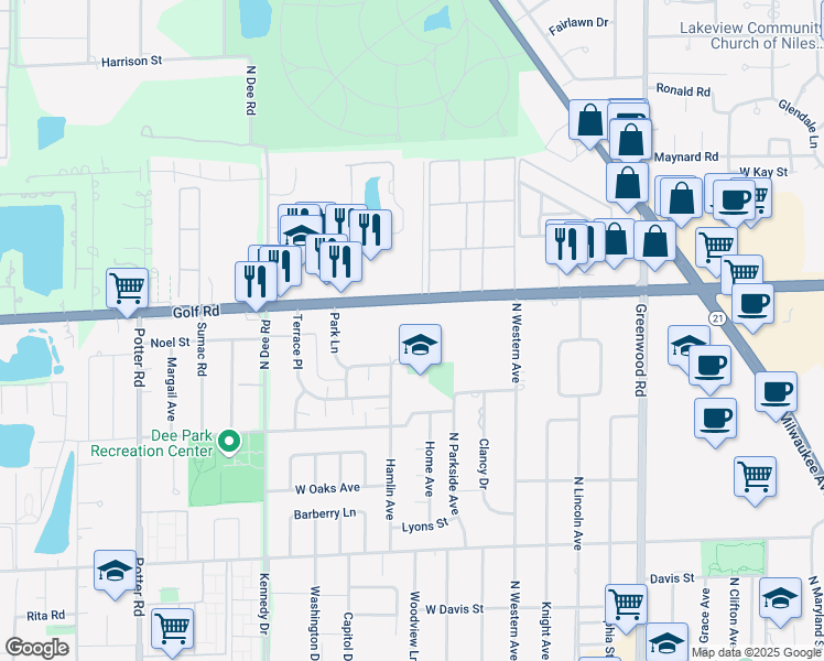 map of restaurants, bars, coffee shops, grocery stores, and more near 8937 West Golf Road in Niles