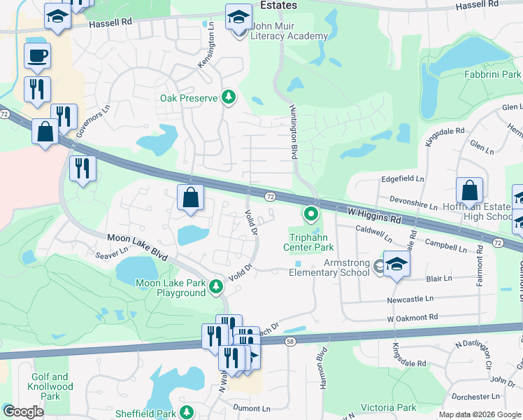 map of restaurants, bars, coffee shops, grocery stores, and more near 1500 Robin Circle in Hoffman Estates
