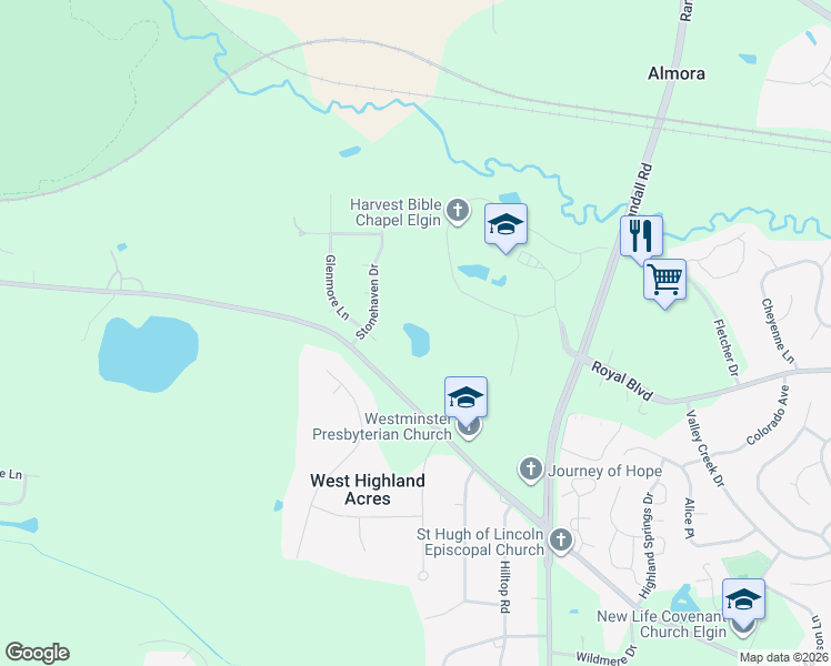 map of restaurants, bars, coffee shops, grocery stores, and more near 915 Stonehaven Drive in Elgin