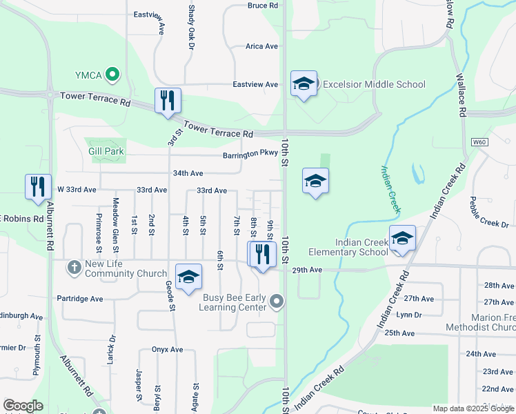 map of restaurants, bars, coffee shops, grocery stores, and more near 3290 9th Street in Marion