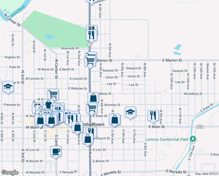 map of restaurants, bars, coffee shops, grocery stores, and more near 400-498 Lee Street in Marshalltown