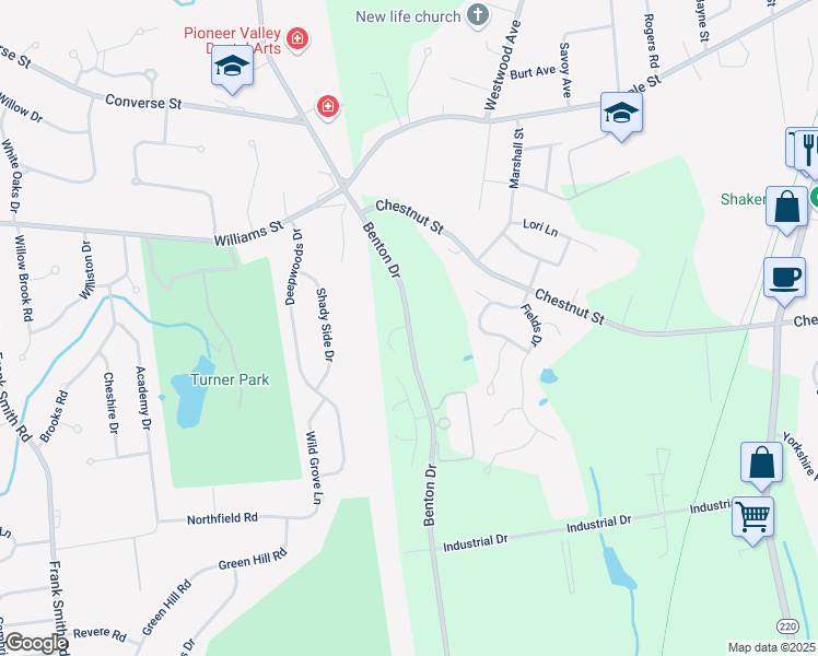 map of restaurants, bars, coffee shops, grocery stores, and more near 77 Benton Drive in East Longmeadow