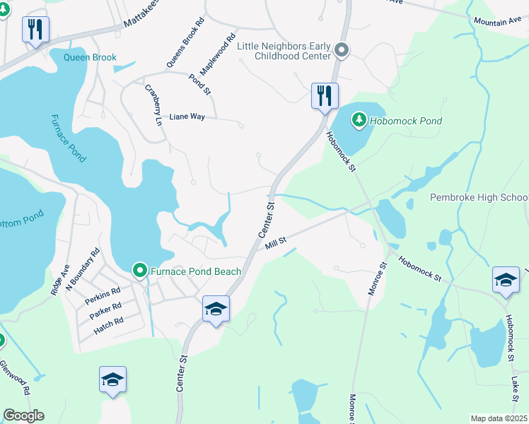 map of restaurants, bars, coffee shops, grocery stores, and more near 395 Center Street in Pembroke