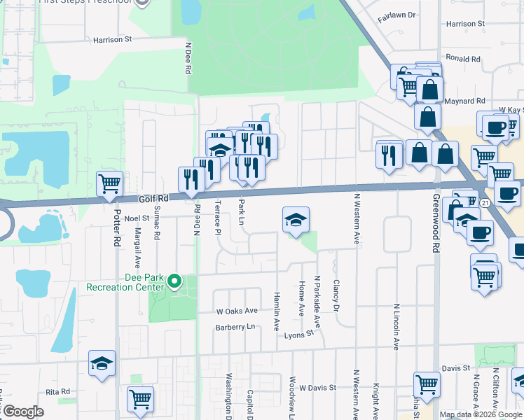 map of restaurants, bars, coffee shops, grocery stores, and more near 9001 Golf Road in Niles