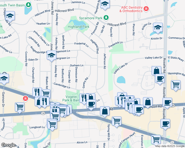 map of restaurants, bars, coffee shops, grocery stores, and more near 1485 Gentry Road in Hoffman Estates
