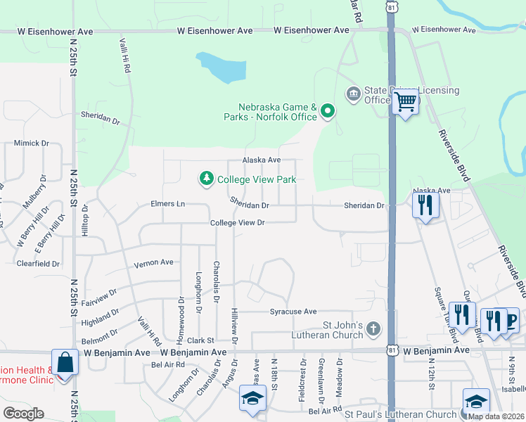 map of restaurants, bars, coffee shops, grocery stores, and more near 1806 Sheridan Drive in Norfolk