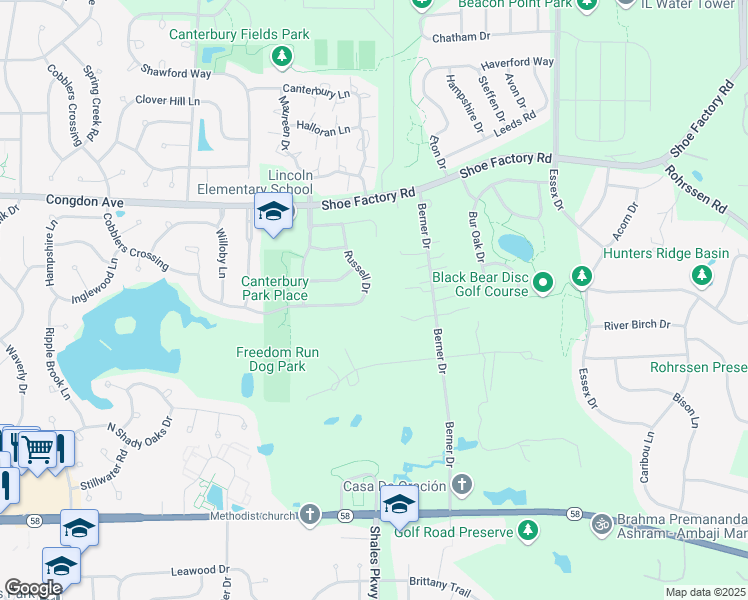 map of restaurants, bars, coffee shops, grocery stores, and more near 1505 Russell Drive in Hoffman Estates