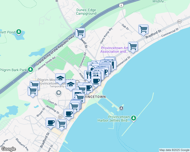 map of restaurants, bars, coffee shops, grocery stores, and more near in Provincetown