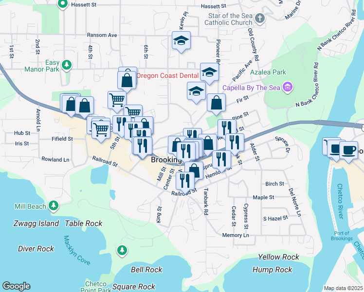 map of restaurants, bars, coffee shops, grocery stores, and more near 90 Park Avenue in Brookings